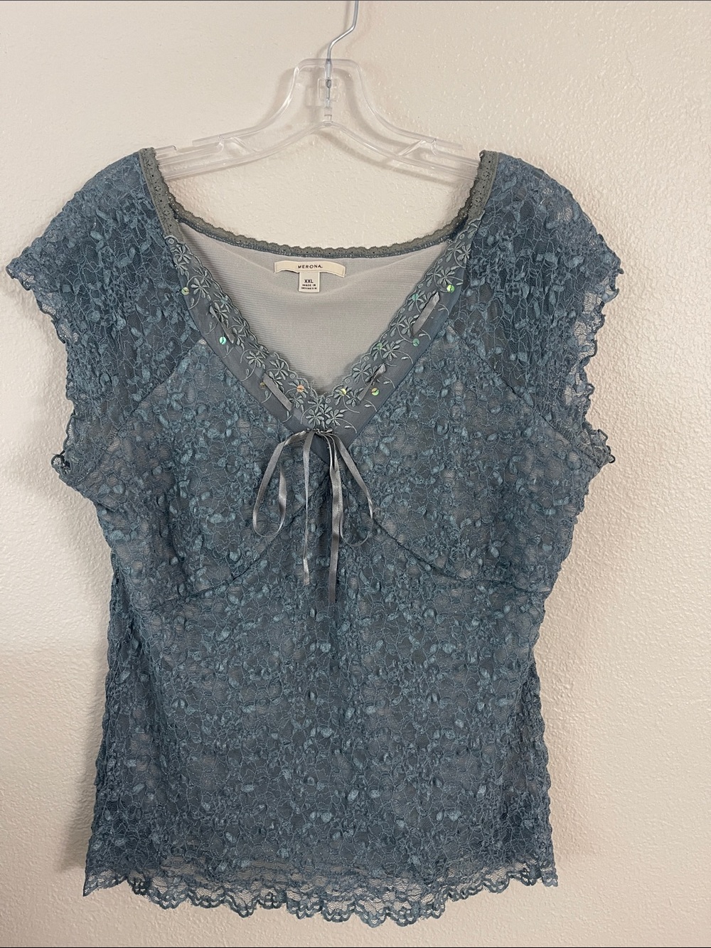 Merona Blue Lace V-Neck Blouse with Ribbon Tie